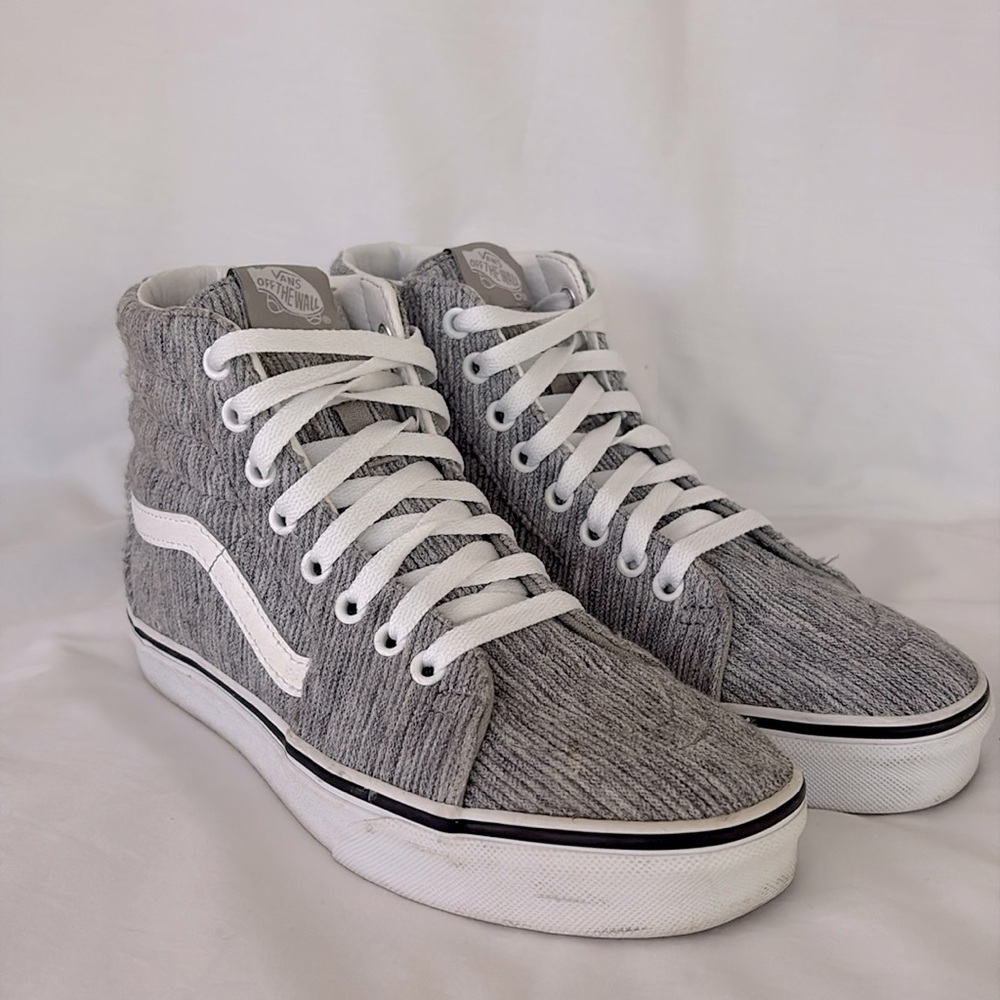 Vans Sk8 Hi Sneakers Gray White Corduroy High Top Shoes Lace Up Women’s 7 - Picture 2 of 11